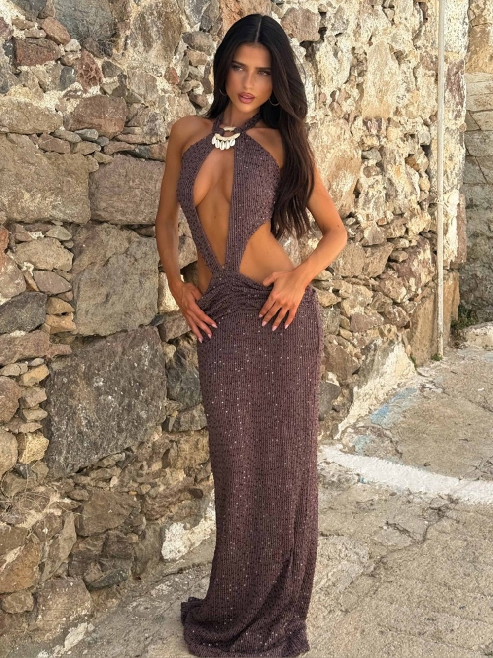Brown Crochet Maxi Dress with Tie-Strap V-Neck